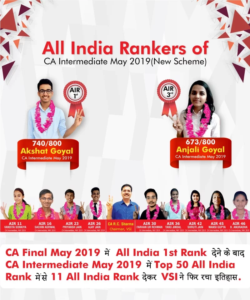 VSI Topper Akshat Agarwal AIR 1 and Anjali Goyal AIR 3 in CA Intermediate May 2019